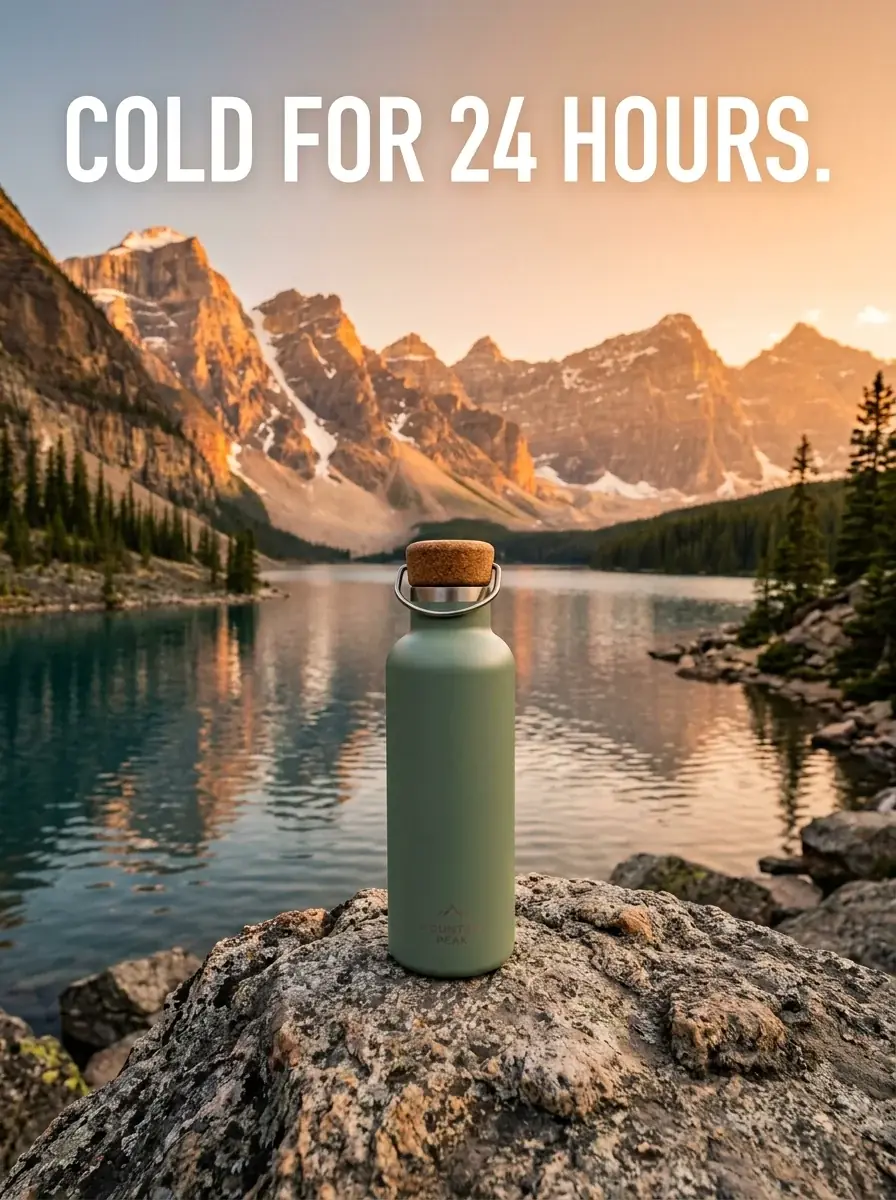 Nano Banana 2: the sage bottle on a boulder by a mountain lake at sunrise, COLD FOR 24 HOURS. once across the sky