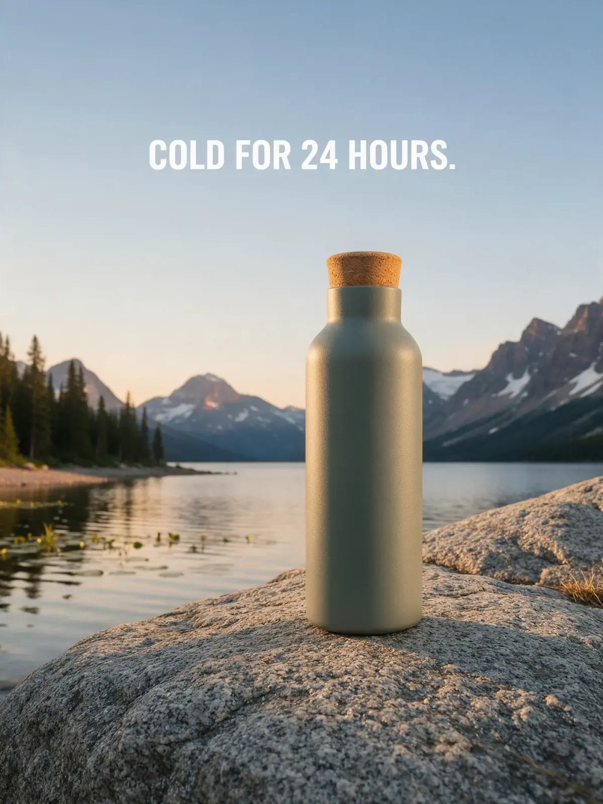 Seedream 5 Pro: the bottle on a pale boulder, the headline small and centered in the sky