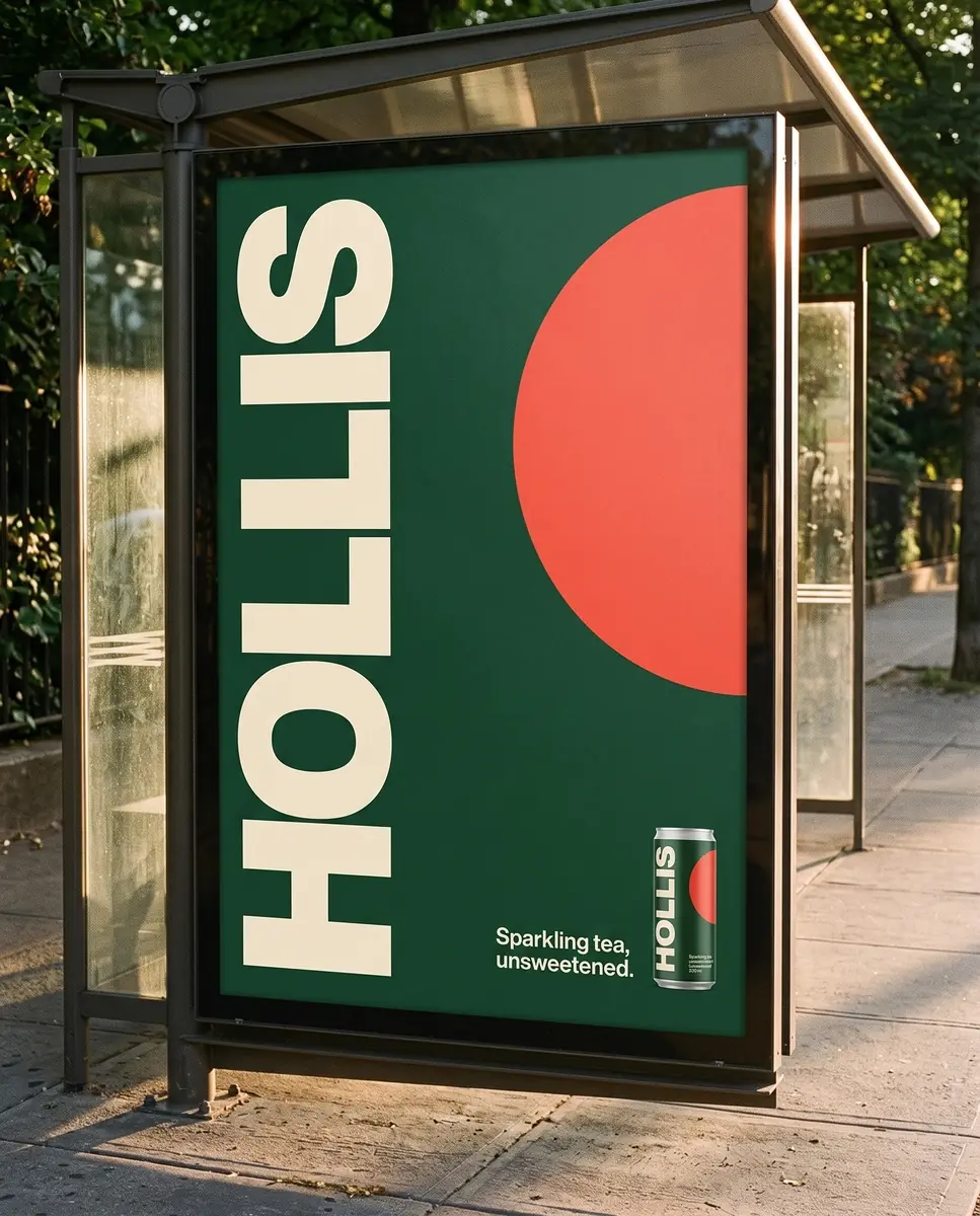 A bus shelter poster at golden hour on a tree-lined street, made by AI from the label artwork: HOLLIS huge and vertical in cream up the left of a bottle green field, a coral circle cropped by the right edge, and a small can beside Sparkling tea, unsweetened. in the lower right