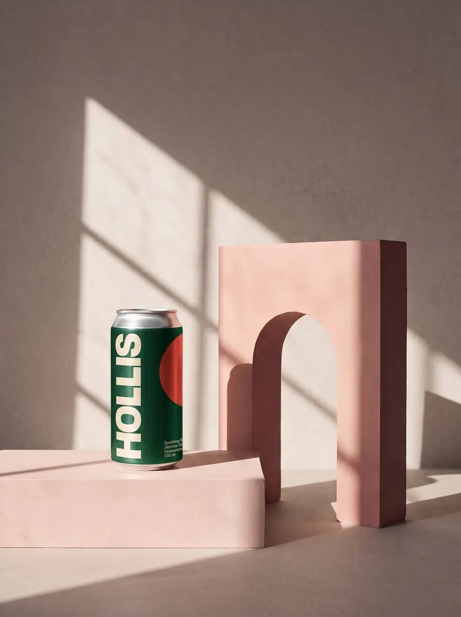 The same can printed with the Hollis label by AI, HOLLIS running up the green can in cream beside the coral circle; the plinths, the wall, the window light and the shadow are unchanged