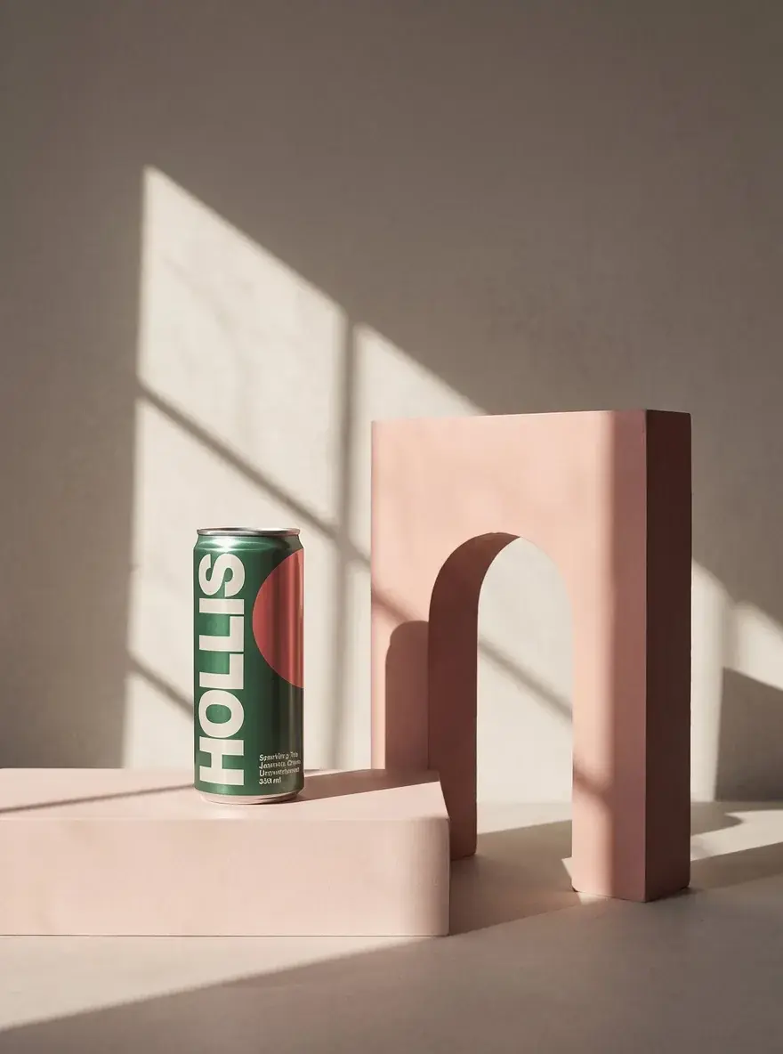 The blank can photo with the Hollis label printed on the can by Flux 3 Image, its small text garbled, the pink plinths and window light kept