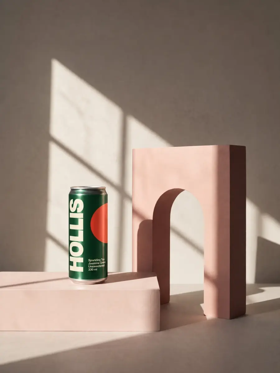 The blank can photo with the Hollis label printed on a slim green can by GPT Image 2.5 Sunburst, its small text block legible, the pink plinths and window light kept