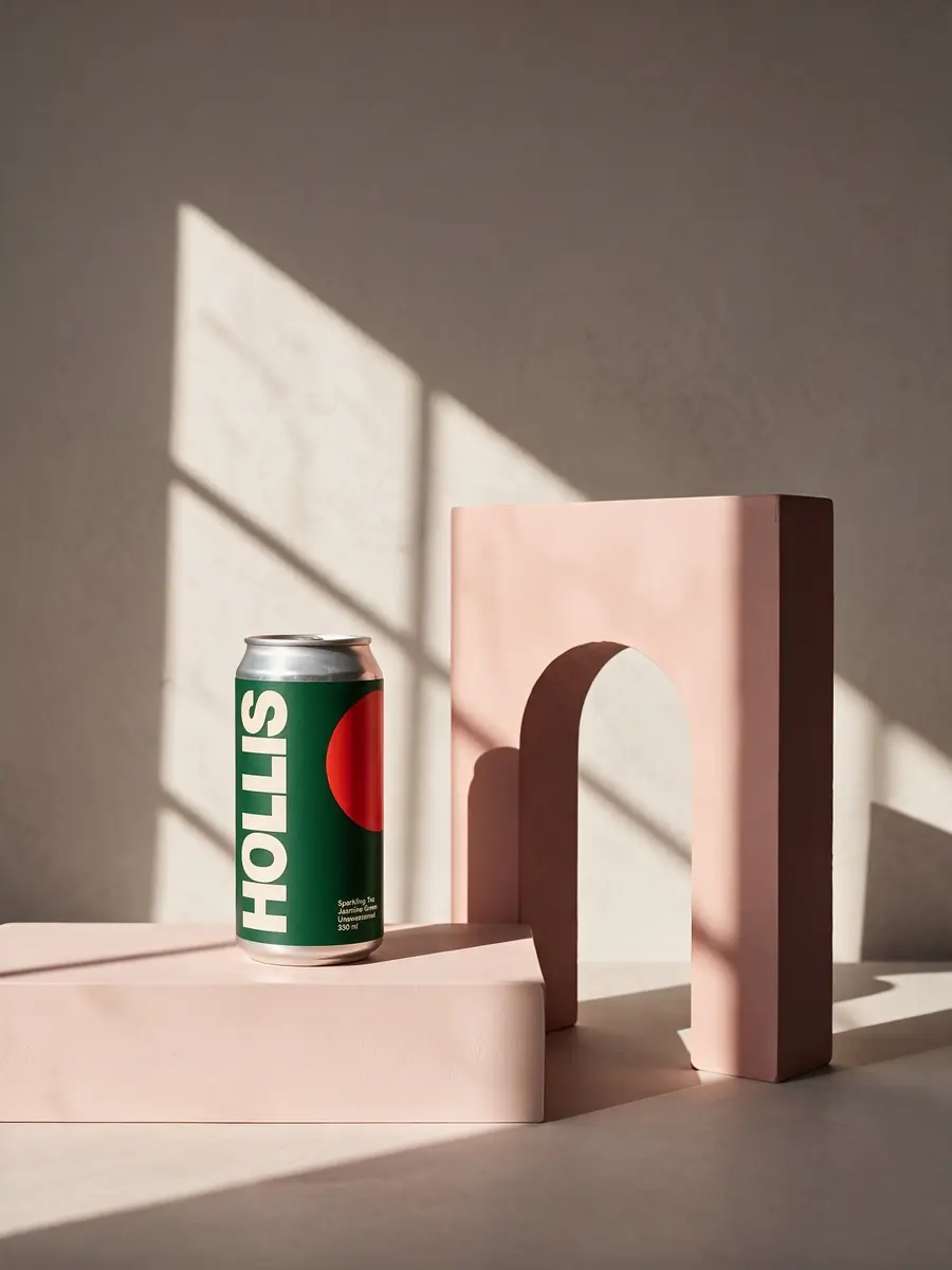 The blank can photo with the Hollis label printed on the can by Seedream 5 Pro, the pink plinths and window light kept