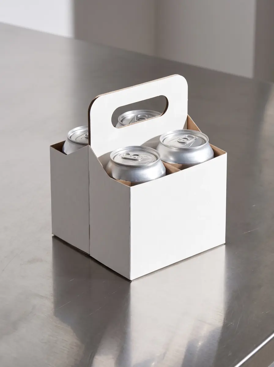 A generated photo of a plain white paperboard four-pack carrier holding four bare cans on a stainless steel counter in hard daylight