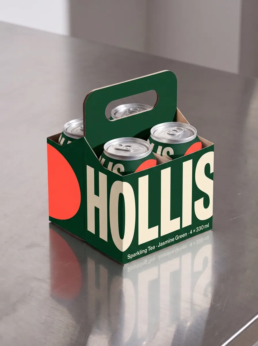 The same carrier printed bottle green by AI, HOLLIS huge in cream across the side, a coral circle on the end and Sparkling Tea · Jasmine Green · 4 × 330 ml along the bottom; the steel counter and its reflection are unchanged