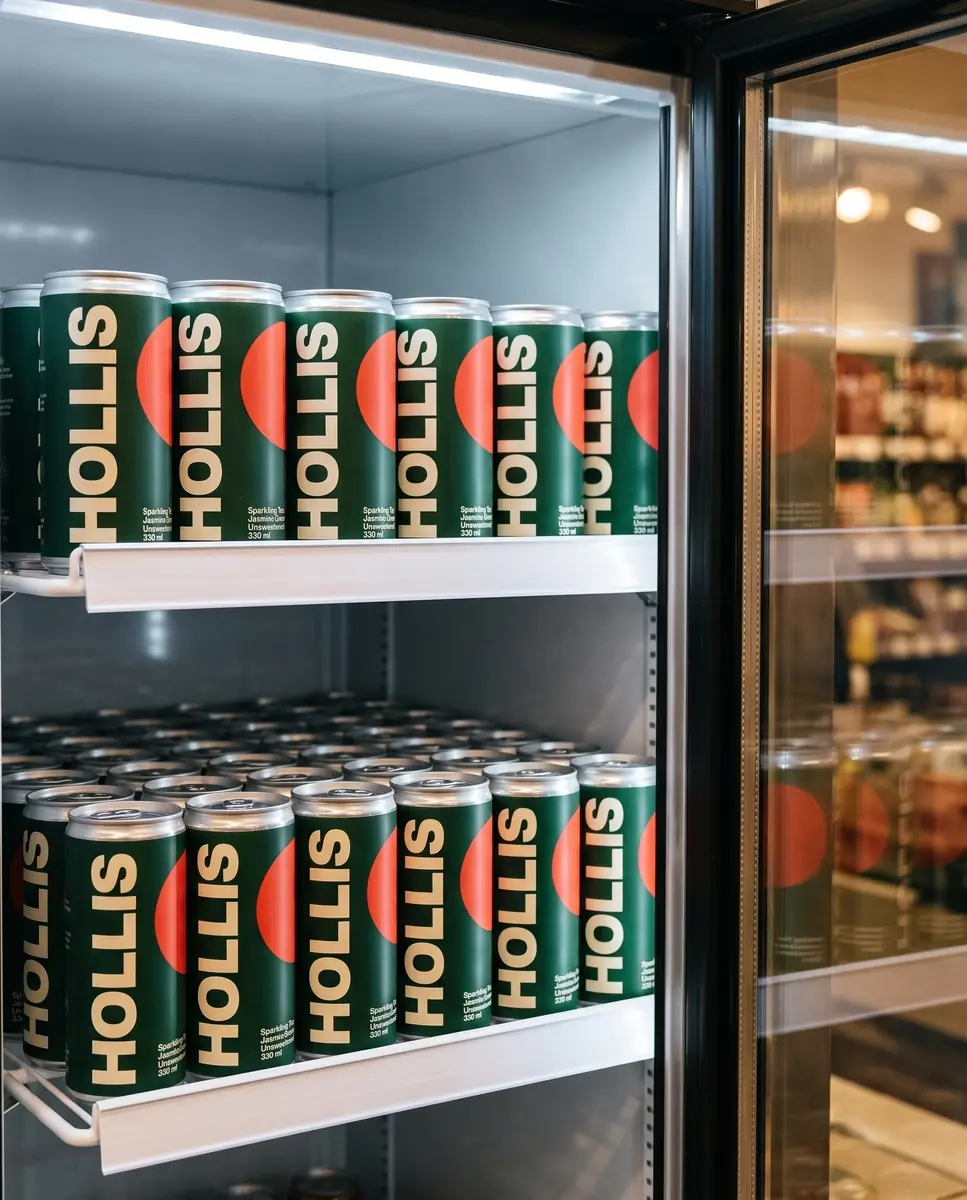 Two shelves of green Hollis cans in an open glass-door shop fridge, HOLLIS reading up every can, made by AI from the label artwork alone