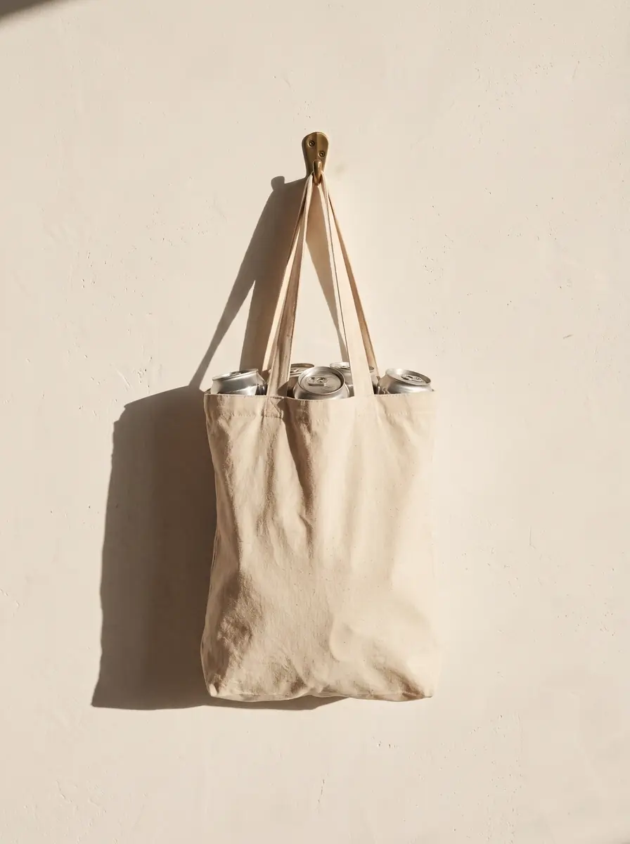 A generated photo of a plain natural canvas tote full of silver-topped cans, hanging from a brass hook on a warm white plaster wall in late sun
