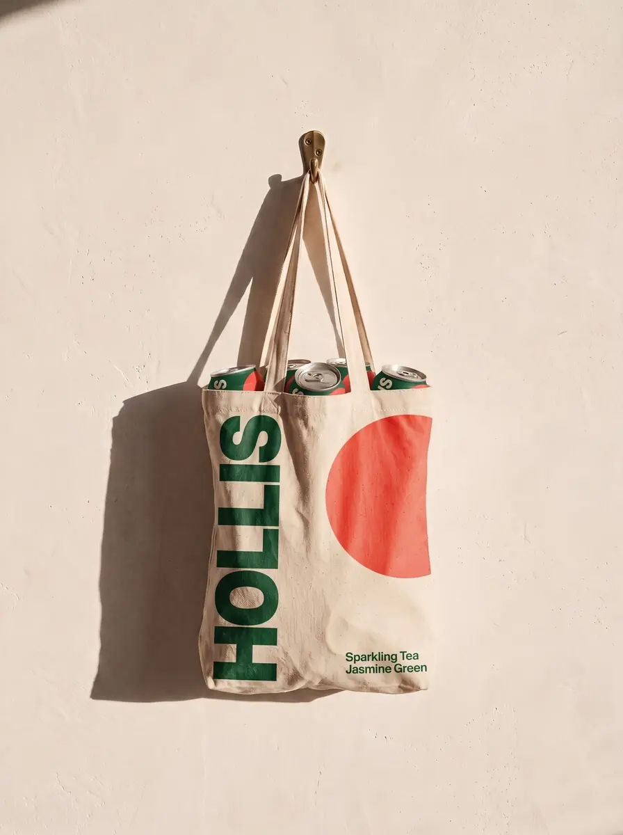 The same tote screen printed by AI, HOLLIS up the left side in bottle green, a coral circle at the right and Sparkling Tea, Jasmine Green small at the lower right; the cans over the rim now wear the label, and the hook, wall and shadow are unchanged