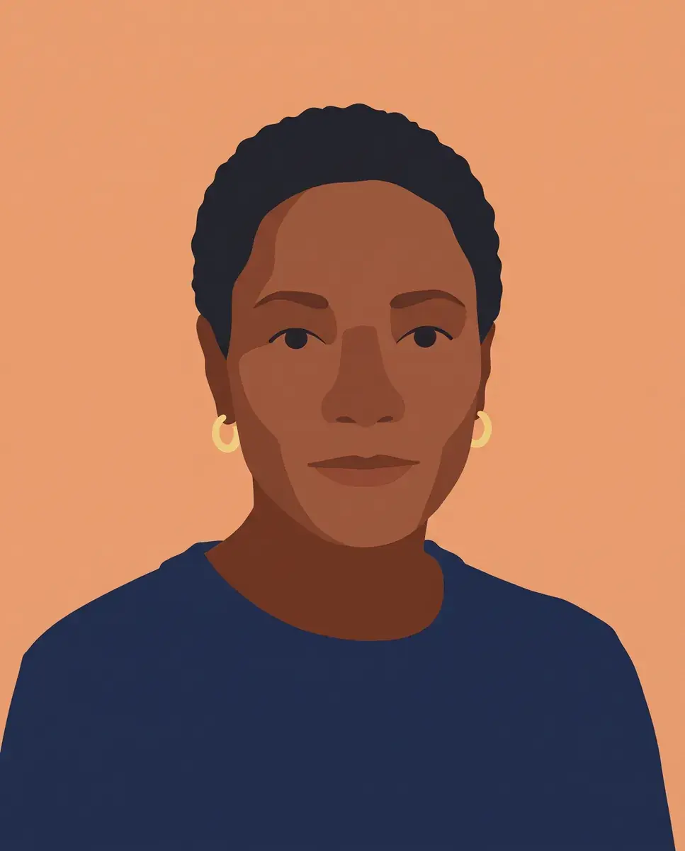 The first portrait drawn by AI as a flat avatar: close-cropped hair, gold hoops and a navy sweater as simple solid shapes with no outlines, on a flat apricot ground