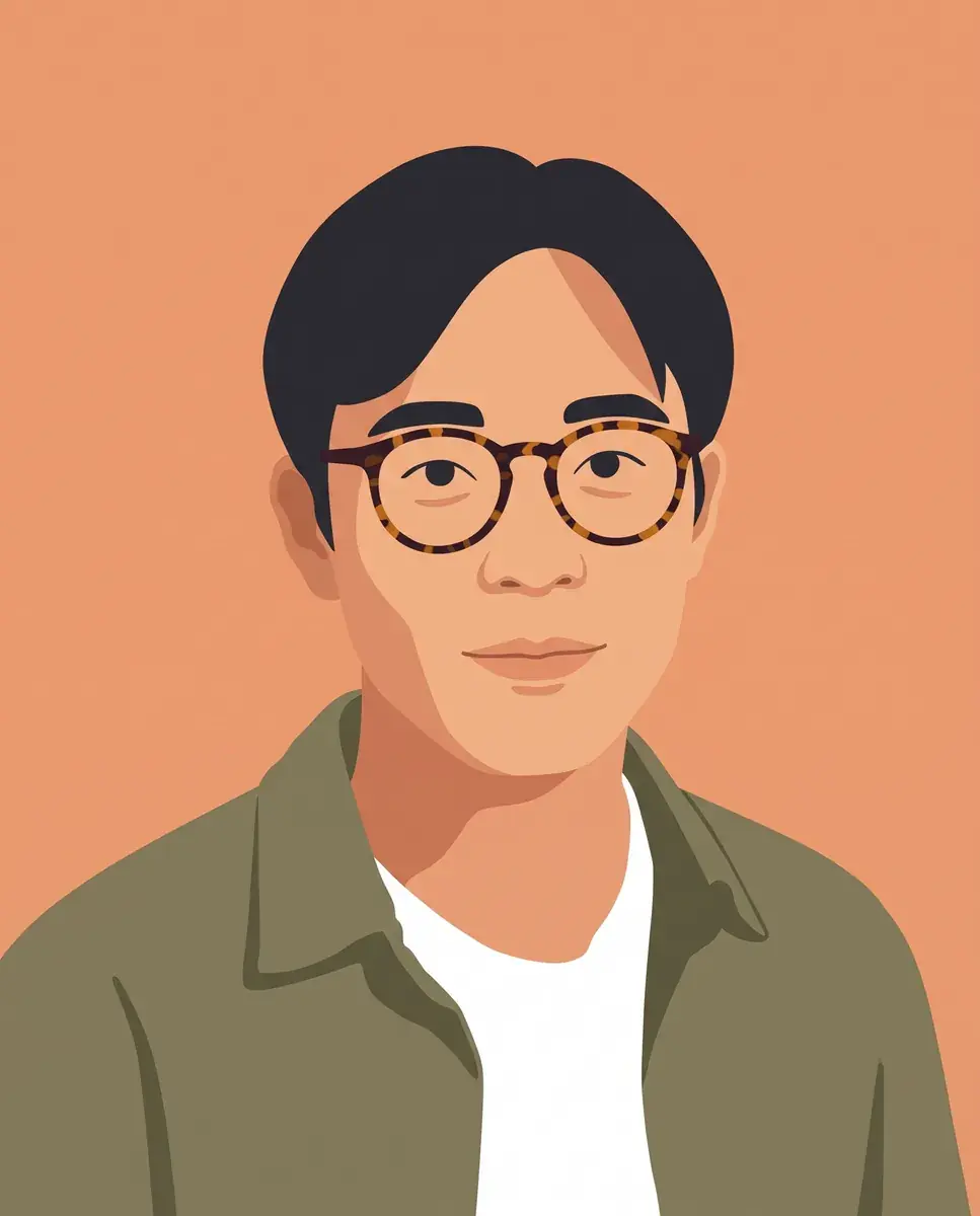 The second portrait drawn by AI as a matching flat avatar: black hair across the forehead, round tortoiseshell glasses and an olive overshirt over a white T-shirt, on the same apricot ground
