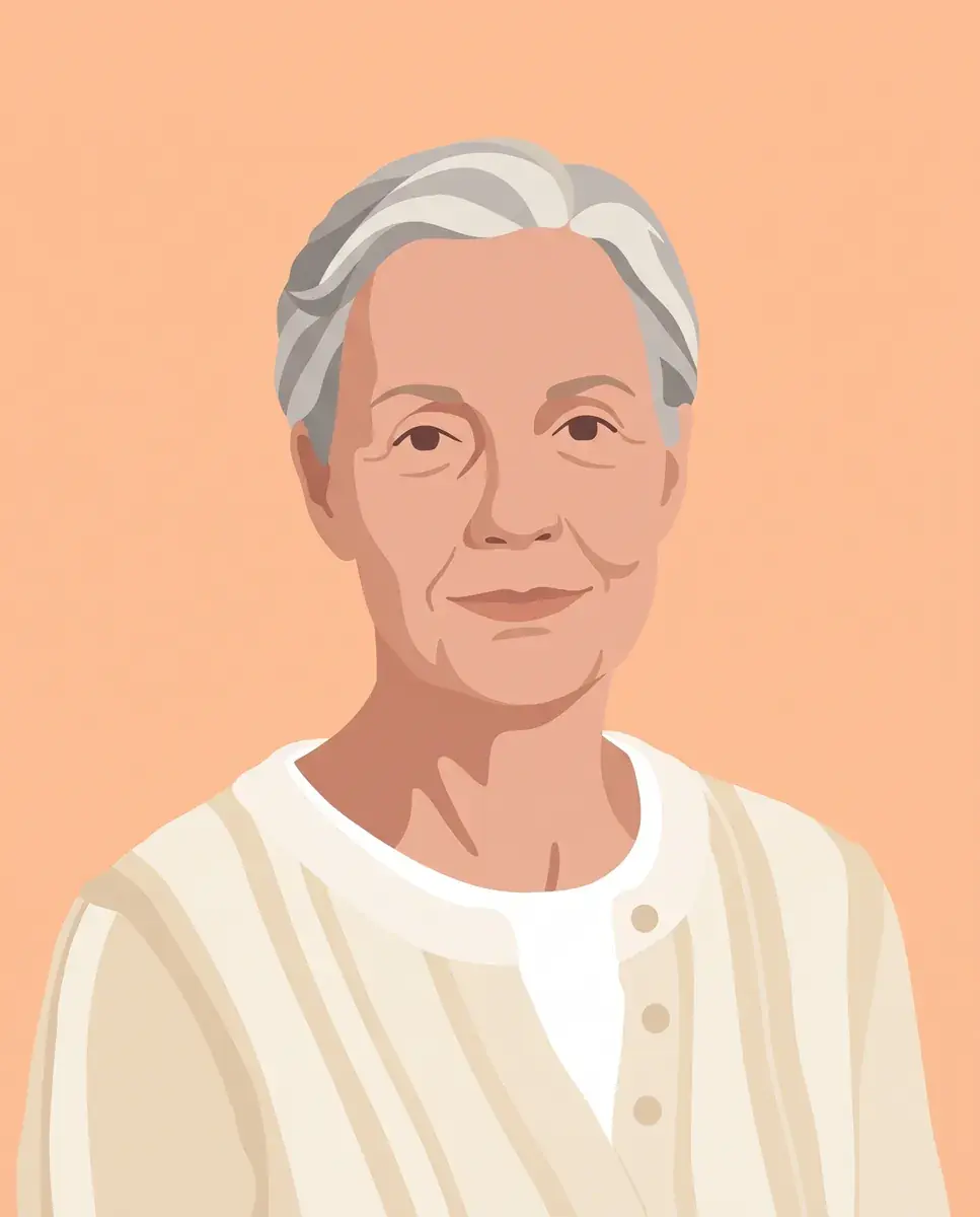 The third portrait drawn by AI as a matching flat avatar: swept-back silver hair and a cream cardigan over a white collar, on a slightly lighter apricot ground
