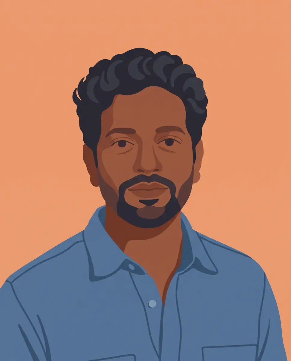 The fourth portrait drawn by AI as a matching flat avatar: dark wavy hair, a short trimmed beard and a blue denim shirt, on the same apricot ground