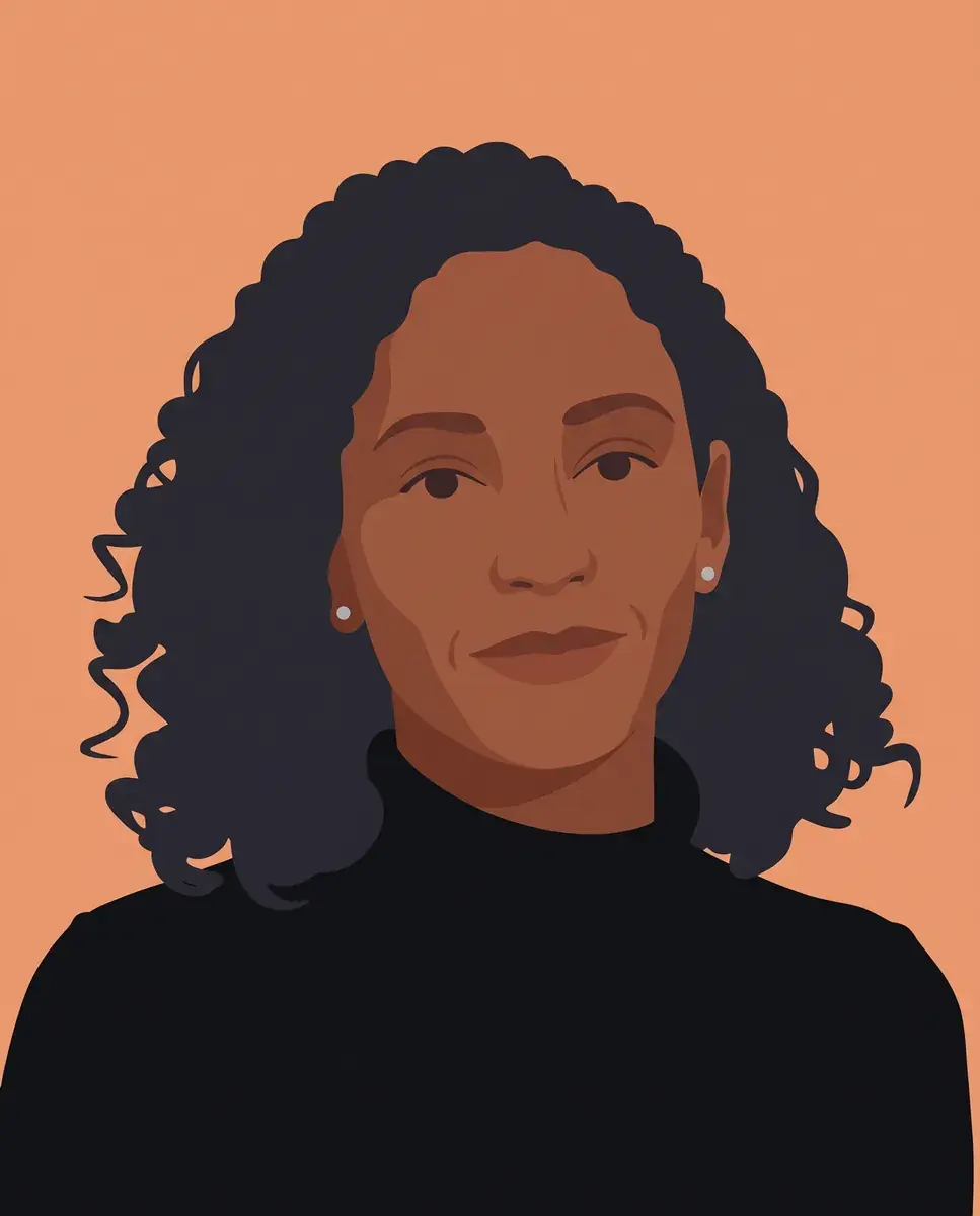 The fifth portrait drawn by AI as a matching flat avatar: dark shoulder-length curls, small silver studs and a black turtleneck, on the same apricot ground