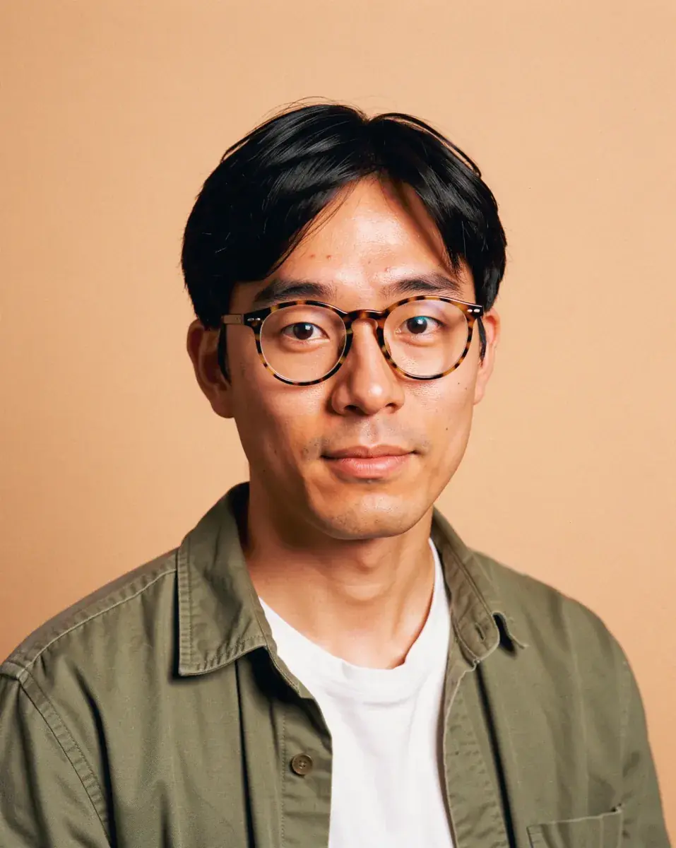 The next portrait in the set, matched to the first: a man in his late twenties with straight black hair across his forehead, round tortoiseshell glasses and an olive overshirt over a white T-shirt, on the same peach backdrop and light