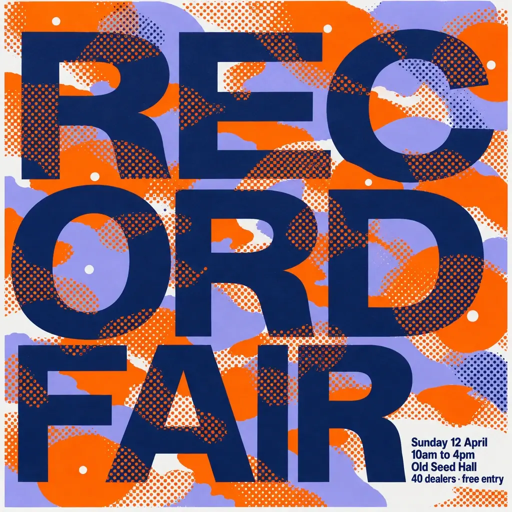 GPT Image 2.5 Sunburst: REC, ORD and FAIR in huge navy letters over orange and lavender halftone records that fill the sheet, the date and venue block at the lower right