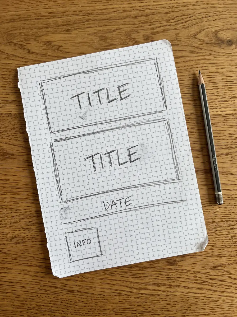 A generated phone photo of a pencil layout sketch on squared paper on an oak table: two stacked boxes labelled TITLE, a line labelled DATE and a small box labelled INFO, with a pencil beside the sheet