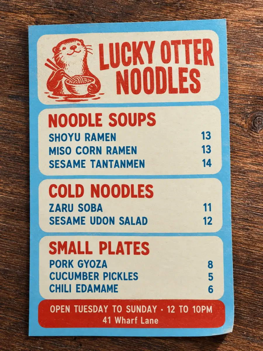 A sky-blue takeaway menu for Lucky Otter Noodles on a walnut counter: a red otter eating noodles, cream panels of noodle soups, cold noodles and small plates with prices, and a red footer with the opening hours and 41 Wharf Lane