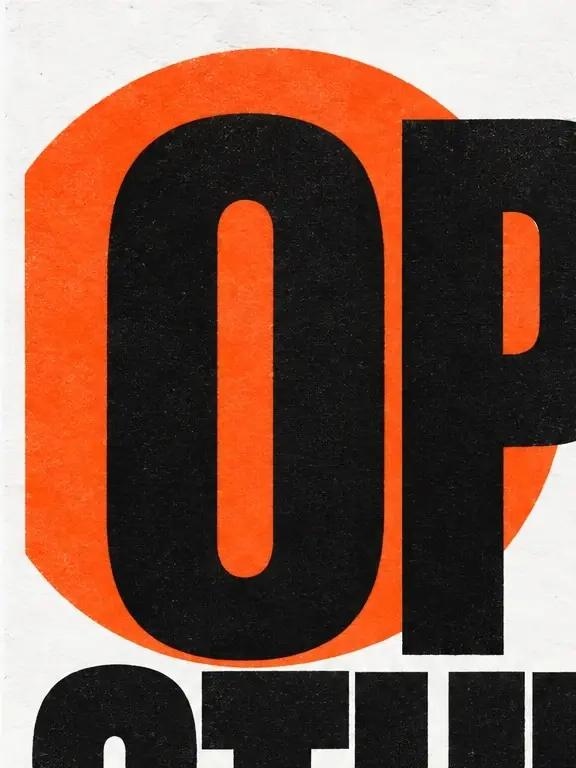 The top left quarter of the open studios poster at full resolution: the black O and P over the orange circle, with the ink grain and paper texture visible