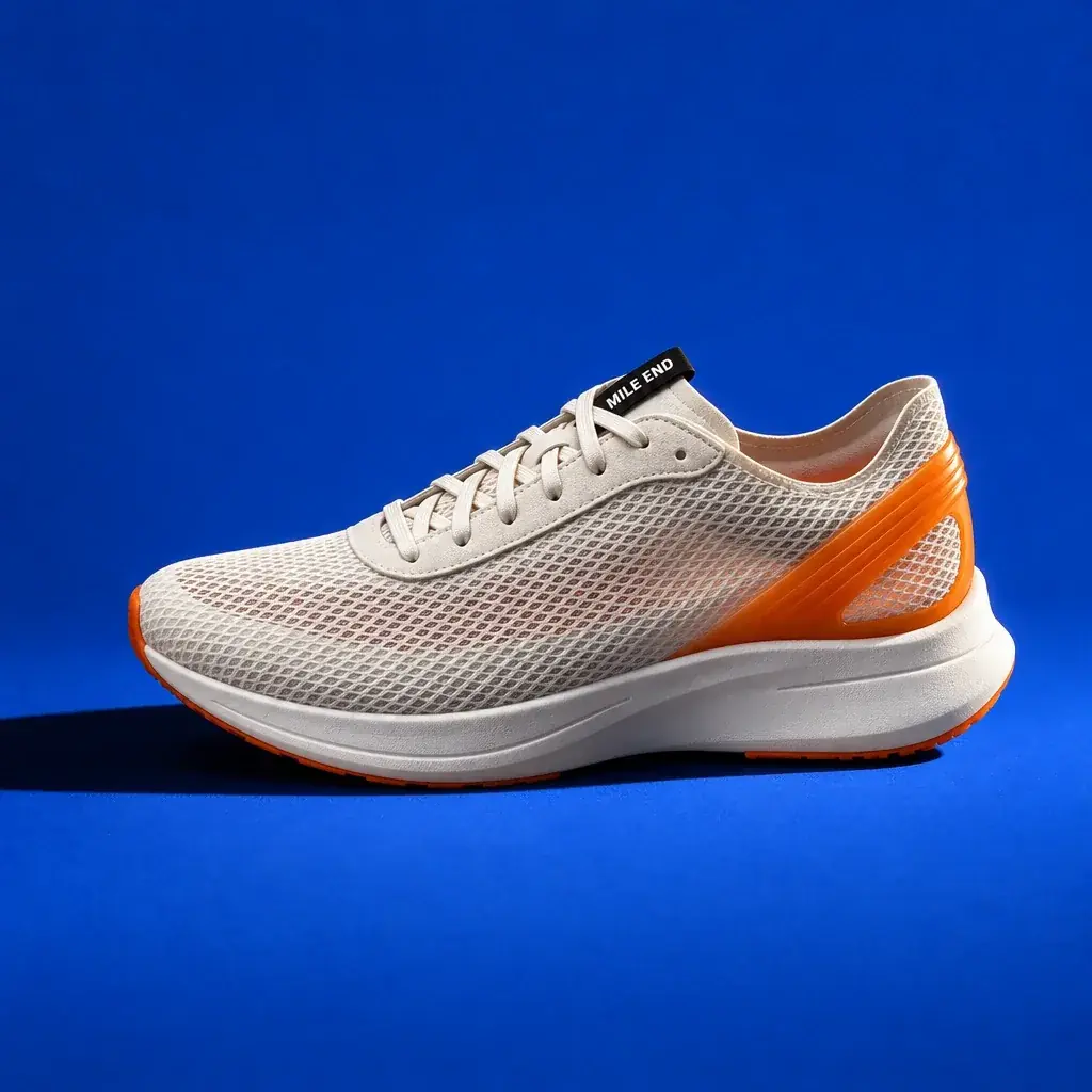 The shoe in profile on a saturated cobalt floor and wall in hard light, a dark shadow to the left
