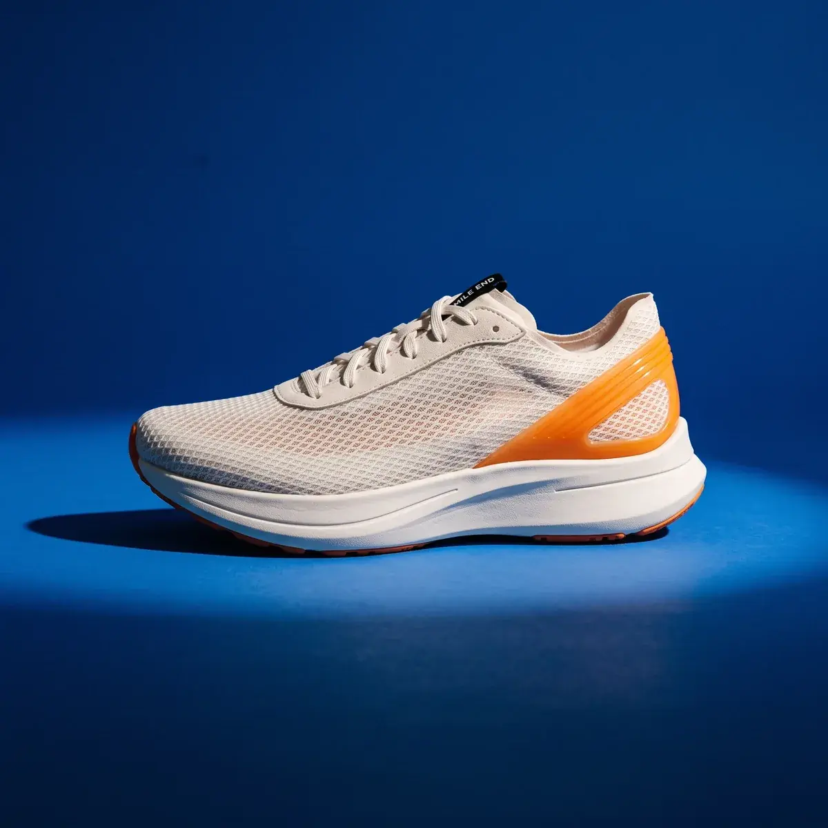 The shoe in profile on a seamless cobalt floor and wall, lit by a spotlight from the right, its shadow falling to the left