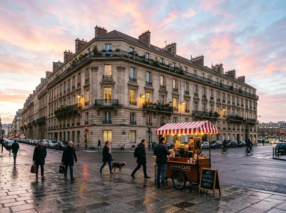 A generated photo of a wide stone apartment building with iron balconies at dawn, wet pavement and a coffee cart with a red and white striped awning at the curb, a pink sky above