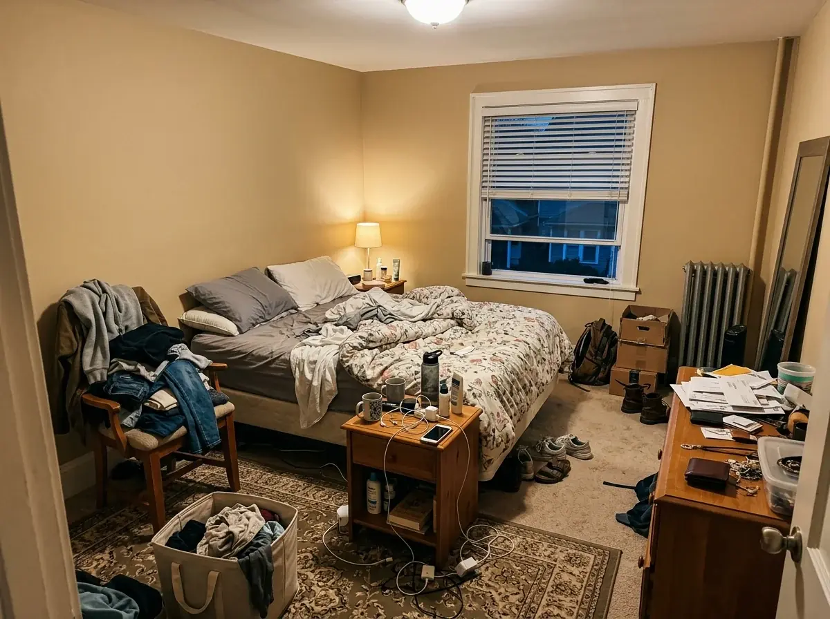 A generated phone photo of a cluttered bedroom: an unmade bed, clothes piled on a chair, a laundry basket, shoes, boxes, cables and papers on the dresser