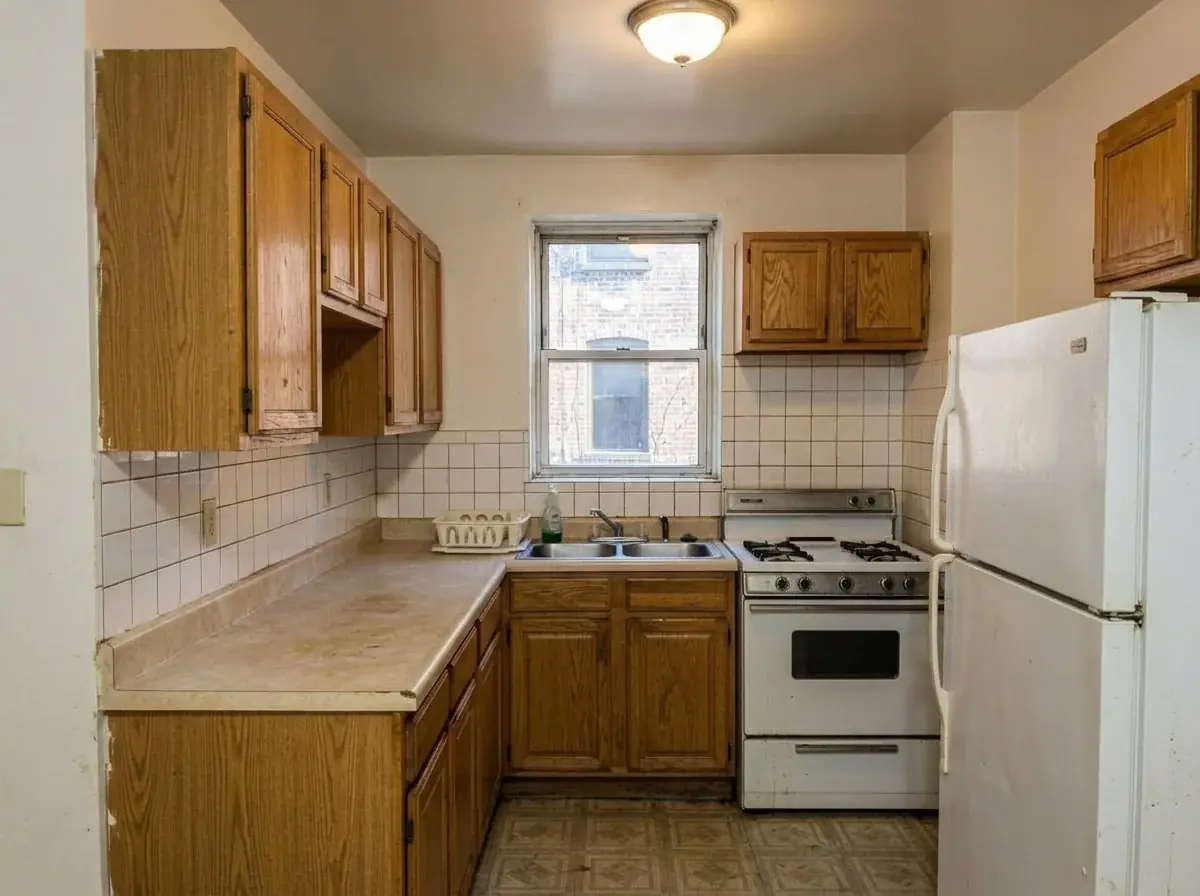 The same kitchen relit by AI to bright, neutral daylight, the worn cabinets, counter and appliances unchanged