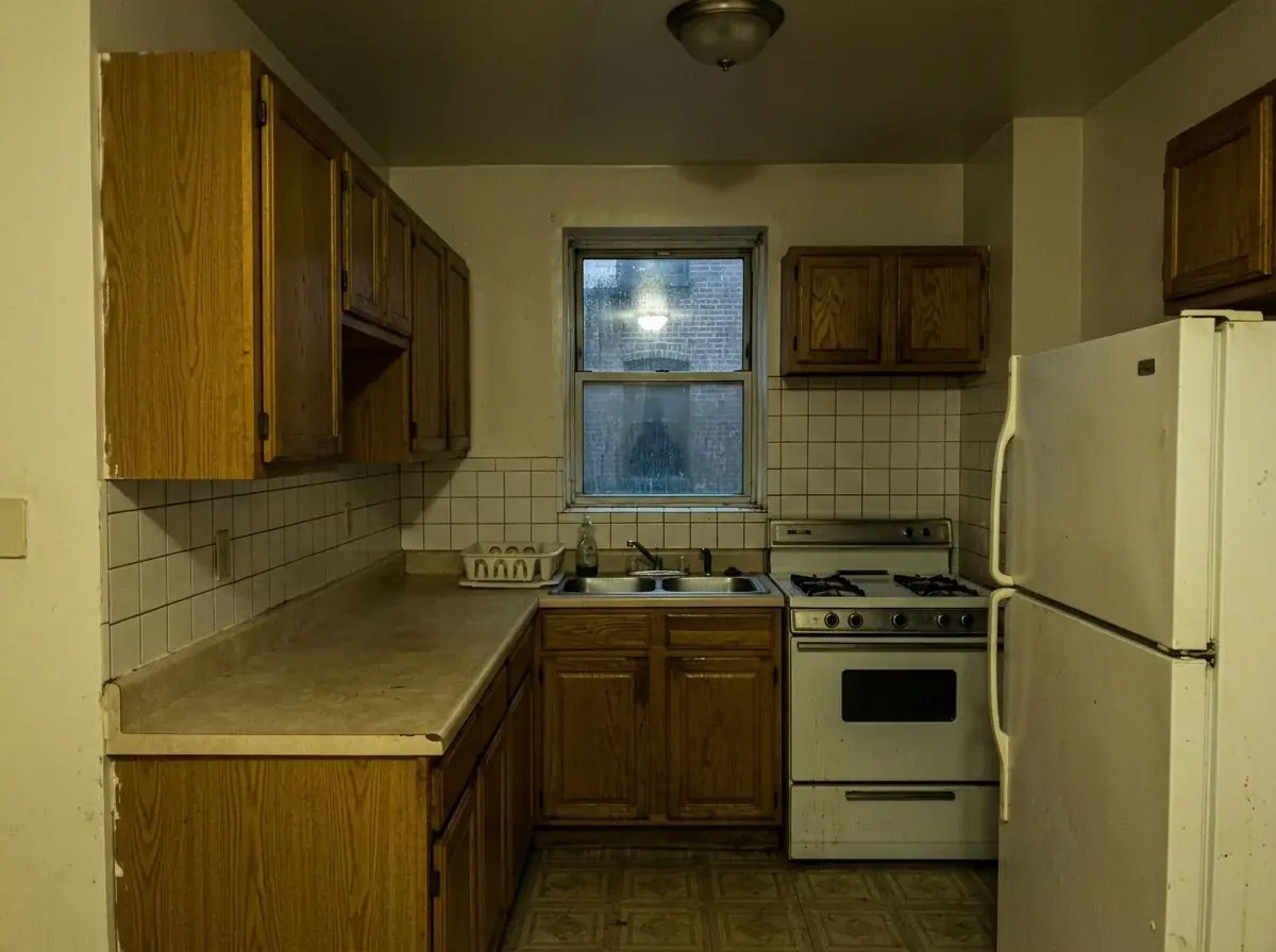 A generated phone photo of a dated kitchen on a dim afternoon: oak cabinets, white tile, a laminate counter, an old stove and fridge, murky with a yellow-green cast