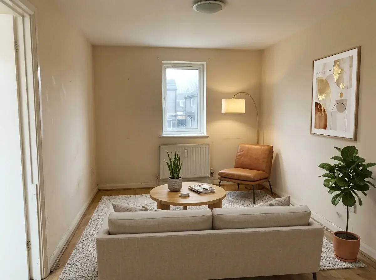 The same living room, virtually staged by AI: a linen sofa, a round oak coffee table, a rug, a tan leather chair, a lit floor lamp, plants and an abstract print, with the walls, window, radiator and floor unchanged