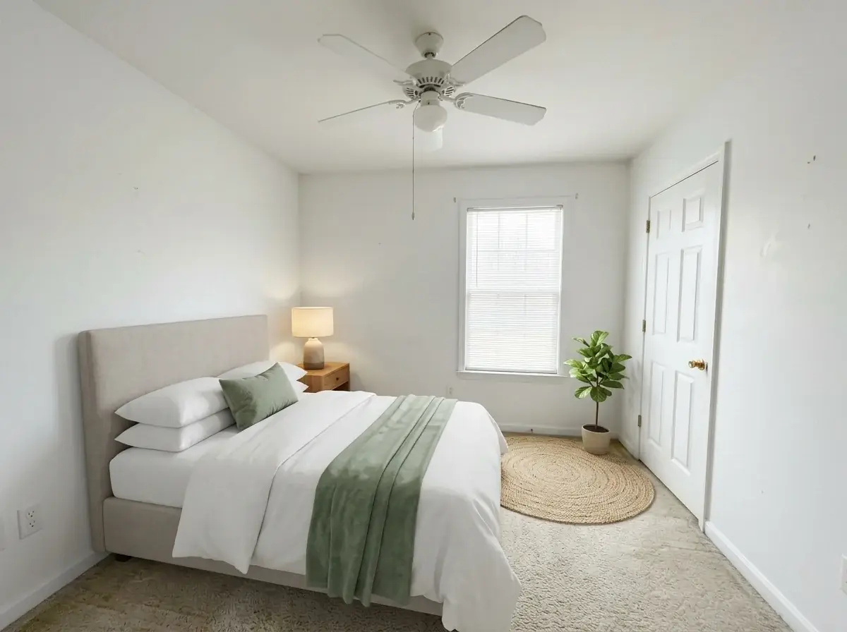 The same spare bedroom virtually staged by AI as a guest room: an upholstered bed with white linen and a sage throw, a lit lamp on a nightstand, a jute rug and a plant