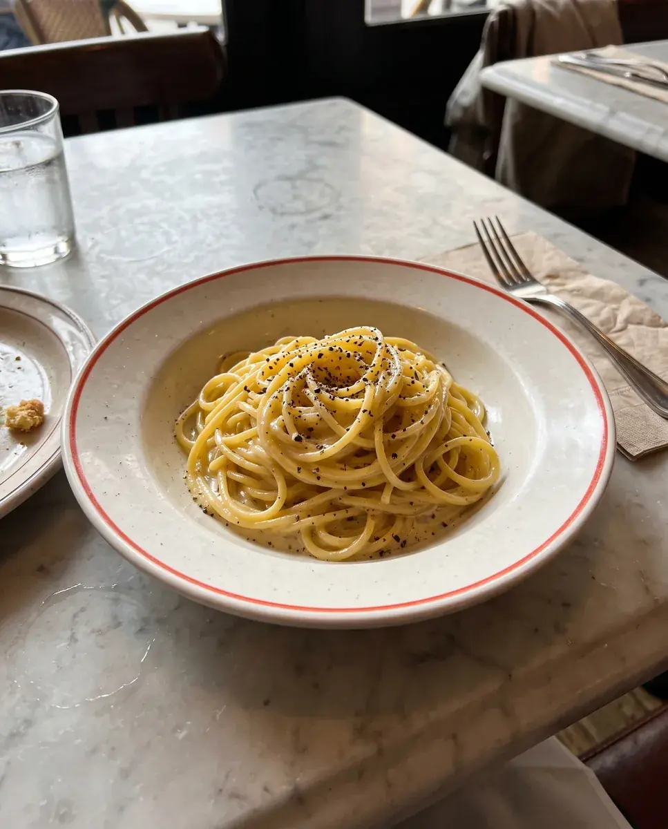A generated phone photo of cacio e pepe in the red-rimmed bowl on a marble cafe table at lunch, a fork on a paper napkin and a water glass behind