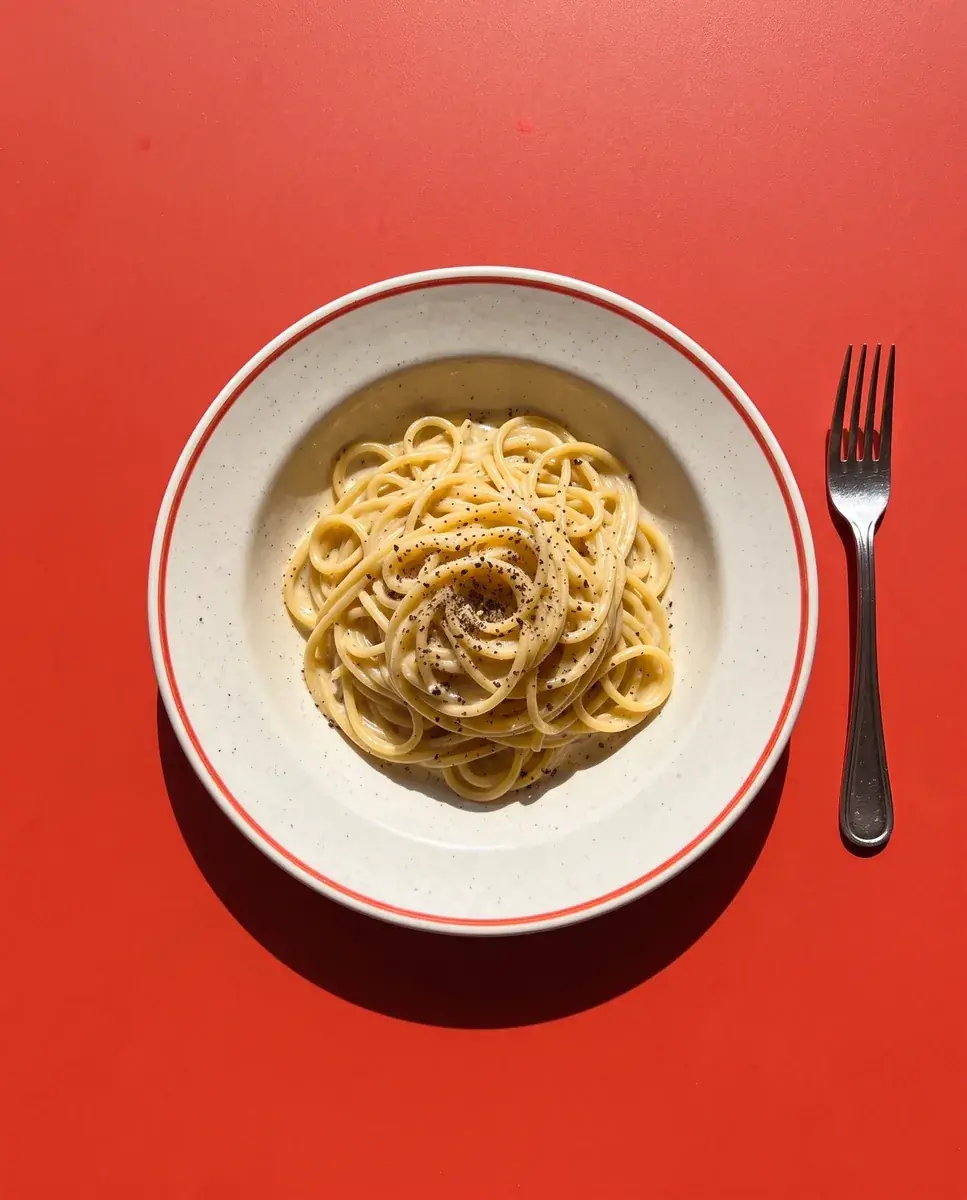 The cacio e pepe seen from above, centered on a flat tomato-red table with a fork beside it and open space around