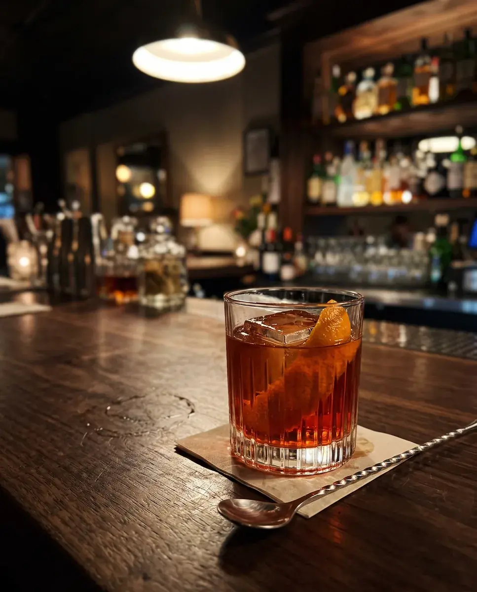 A generated phone photo of a negroni in a ribbed tumbler on a walnut bar at night, a bar spoon beside it and bottles blurred under a pendant lamp