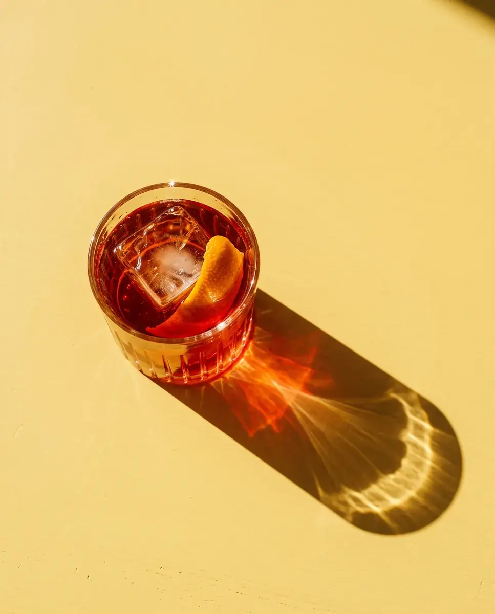 The negroni seen from above alone on a butter-yellow table, its long shadow glowing red in late sun