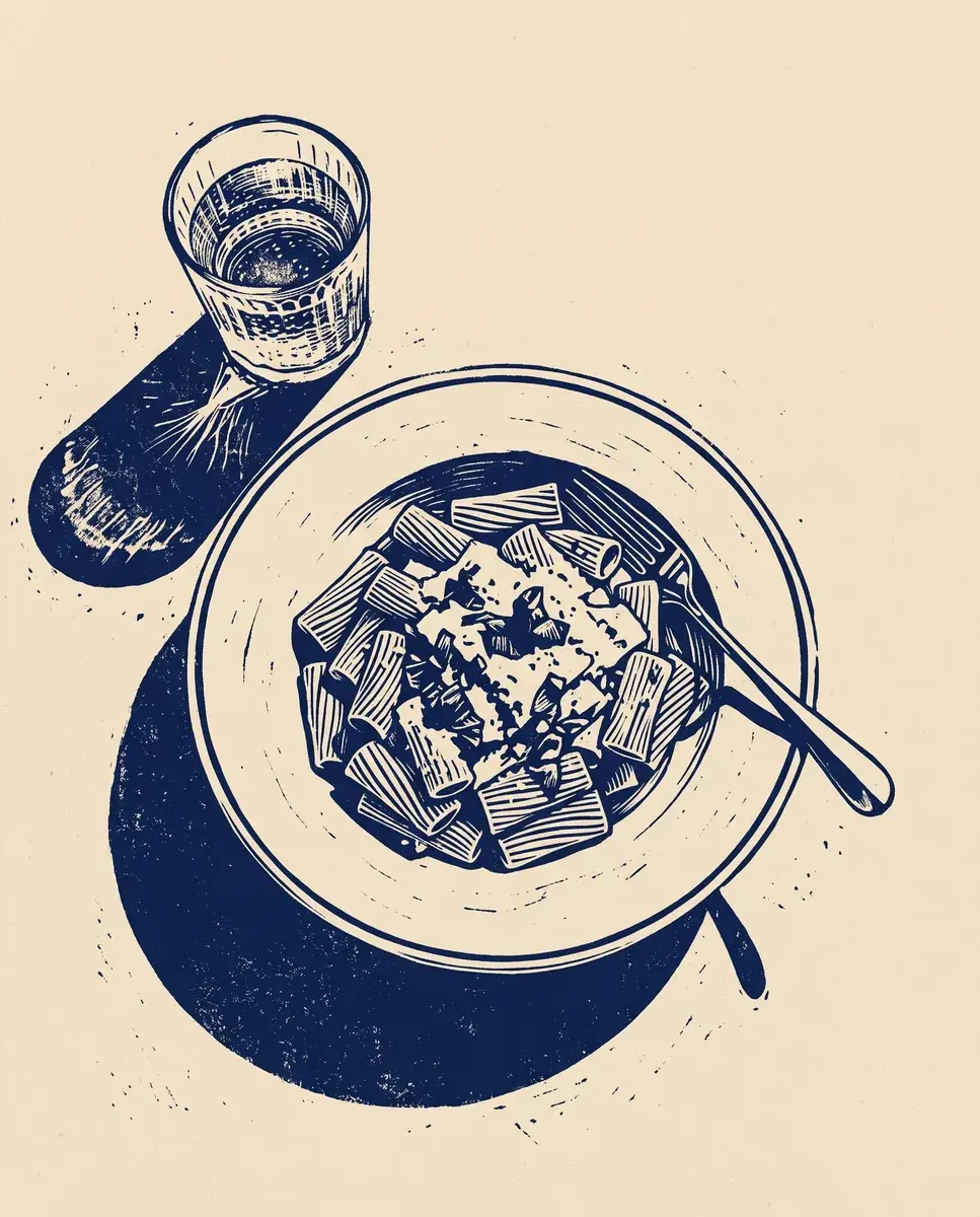 The cobalt-table rigatoni redrawn as a one-ink navy linocut on cream: the bowl, the fork, the glass and their shadows
