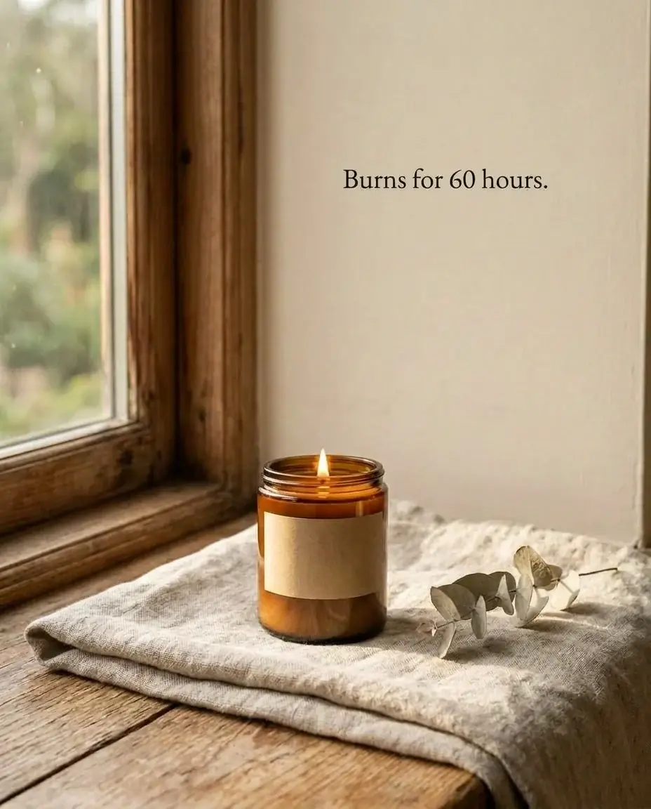 The windowsill candle photo with Burns for 60 hours. set in a small dark serif on the cream wall