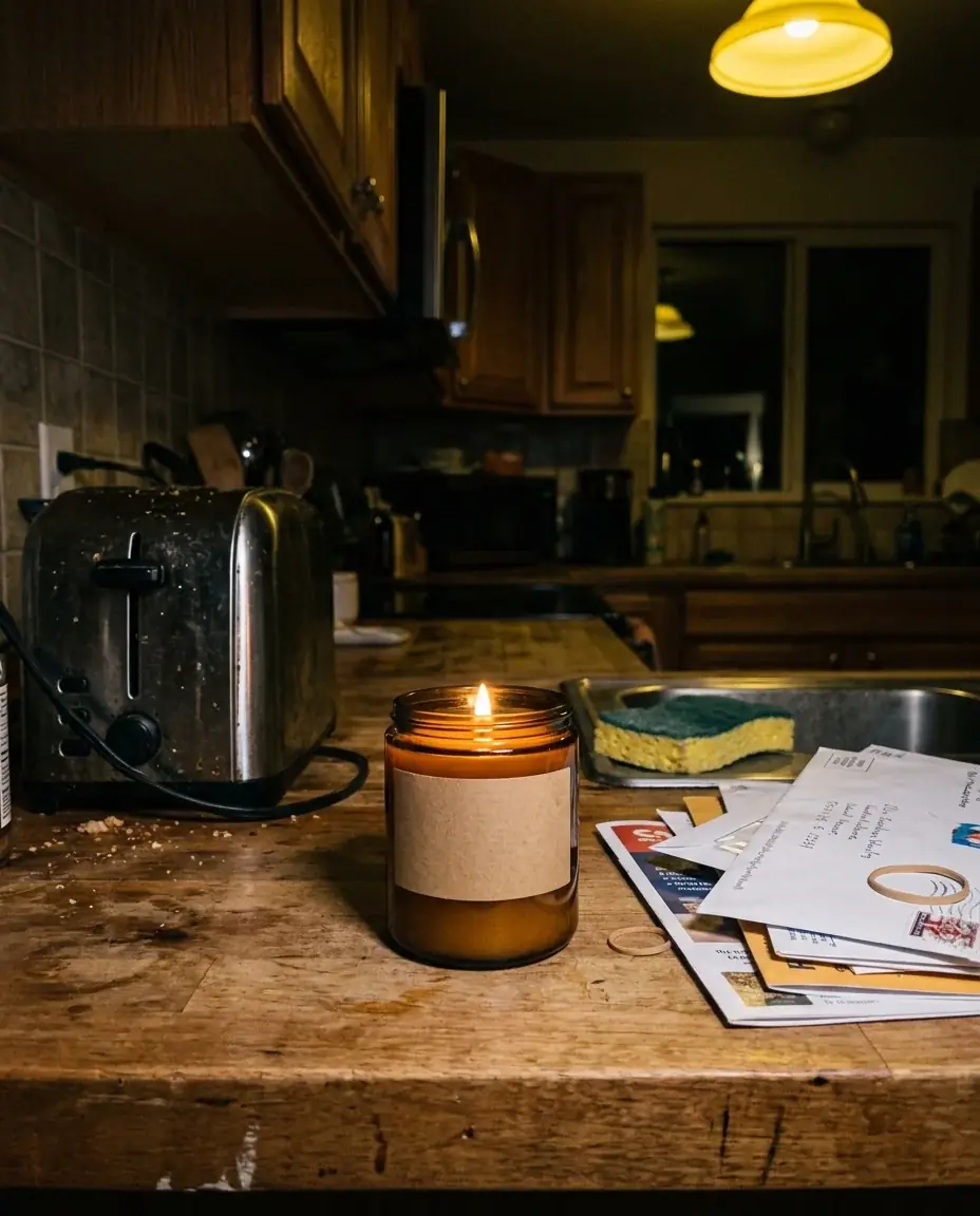 A generated phone photo of a lit candle in an amber jar with a blank kraft label on a kitchen counter at night, beside a toaster, a sponge and a pile of mail under yellow light