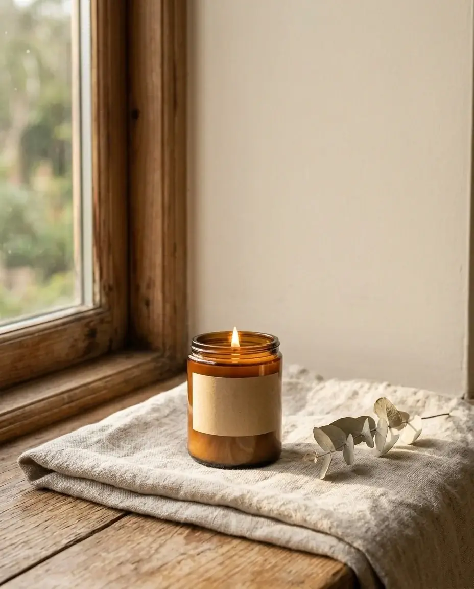 The same candle on a folded oatmeal linen throw on a wooden windowsill in soft morning light, a sprig of dried eucalyptus beside it, plain cream wall above