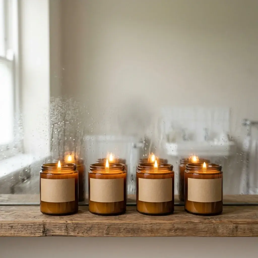 Four of the amber candles lit in a row on a wooden bathroom shelf, a steamed-up mirror behind them