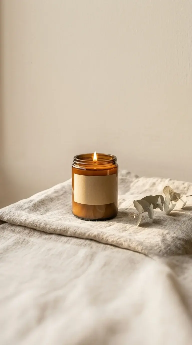The candle scene as a tall 9:16 frame: the jar in the middle band, plain cream wall above and plain linen below