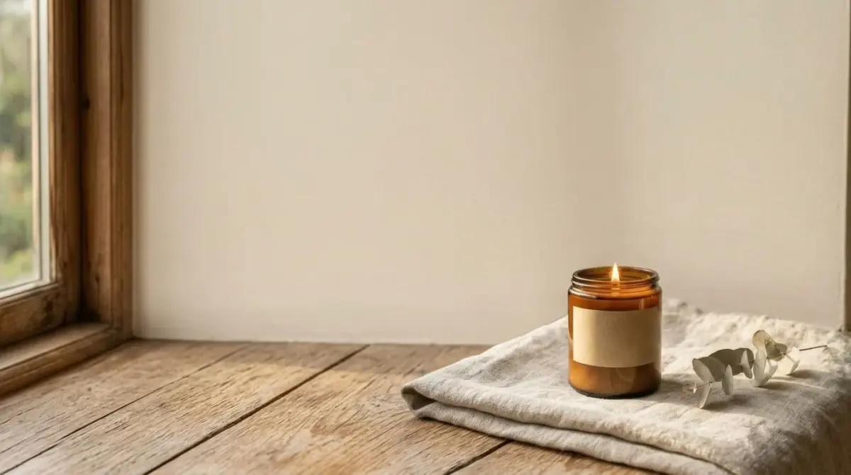 The candle scene as a wide 16:9 frame: the jar on linen in the right third, an open cream wall across the left