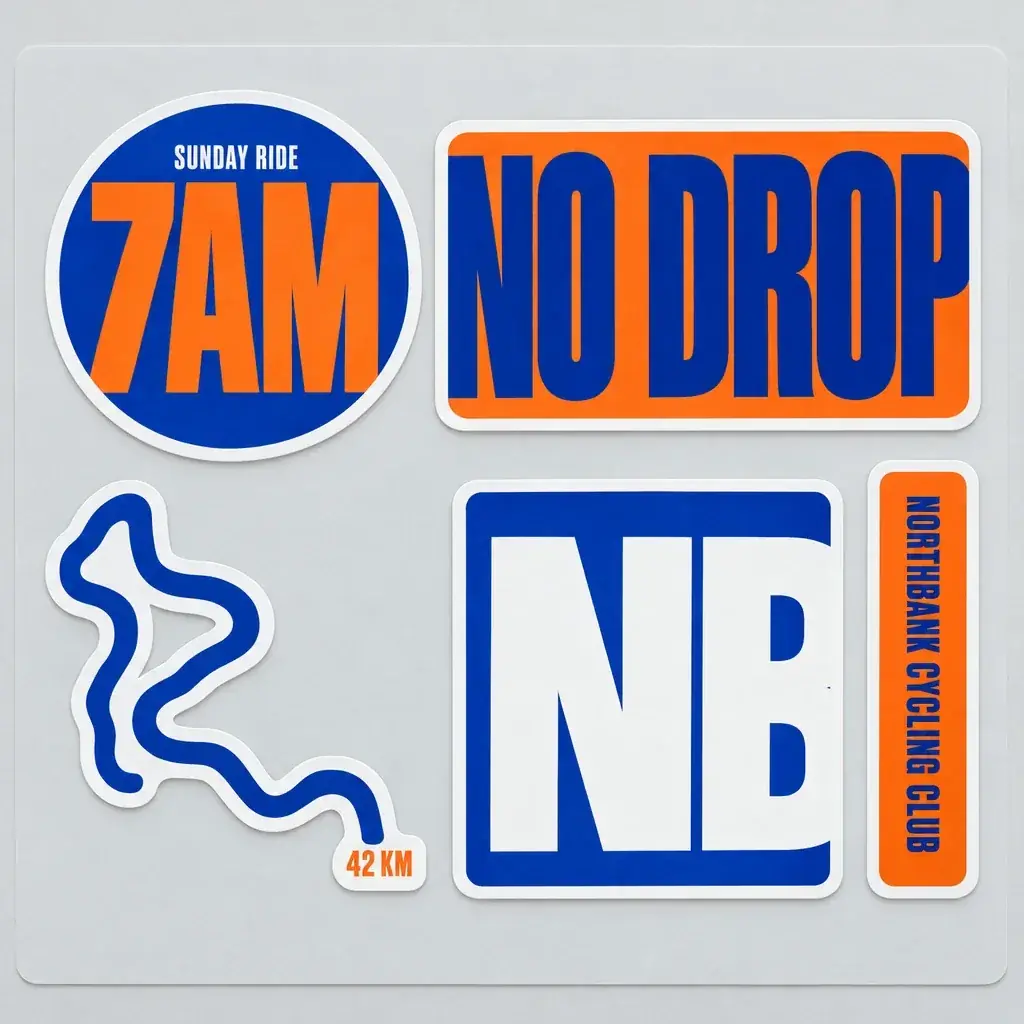 The Northbank Cycling Club sheet from GPT Image 2.5 Sunburst: 7AM and NO DROP filling their stickers, a winding route line to 42 KM, a giant NB and the club name set vertically