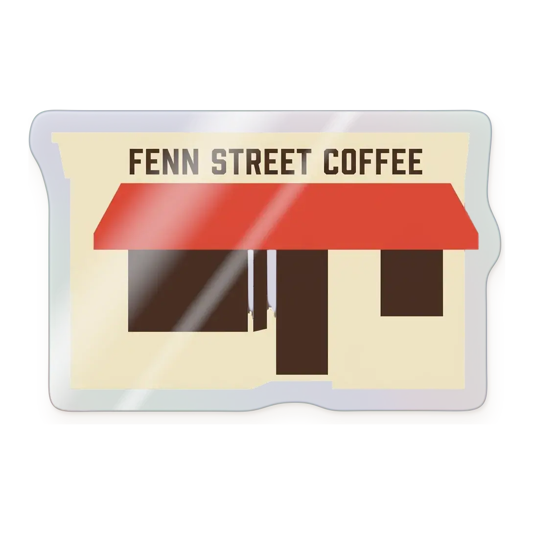 The Fenn Street Coffee shop front as a Clear sticker on frosted film with a streak of glare