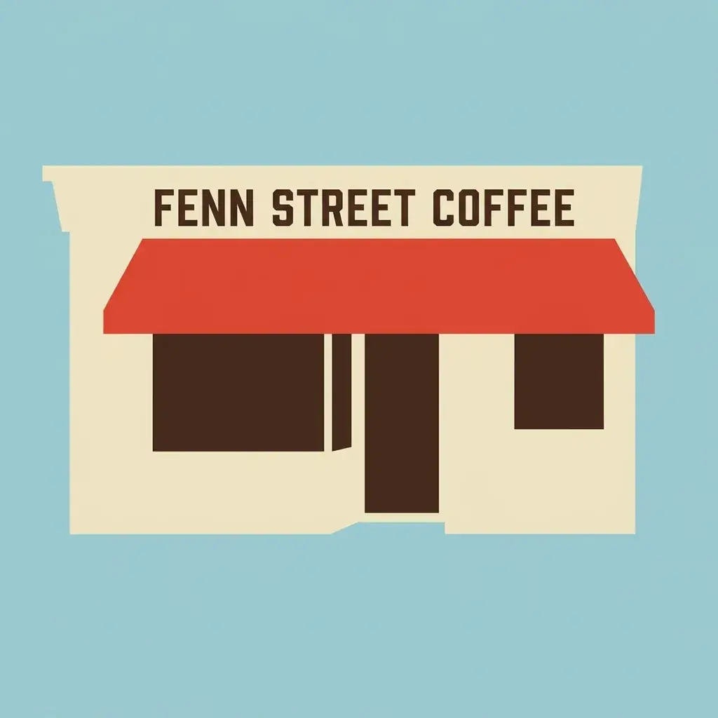 The Fenn Street Coffee shop front as one flat shape on pale blue: a cream facade, a red awning, and the window and door as espresso brown rectangles under the FENN STREET COFFEE fascia