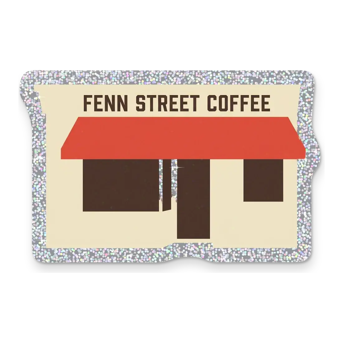 The Fenn Street Coffee shop front as a Glitter sticker with a sparkling silver border
