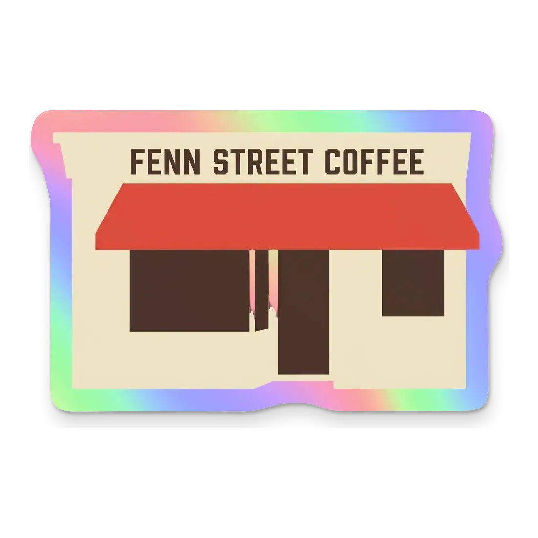 The Fenn Street Coffee shop front as a Holographic sticker, its border shimmering pink, green and violet