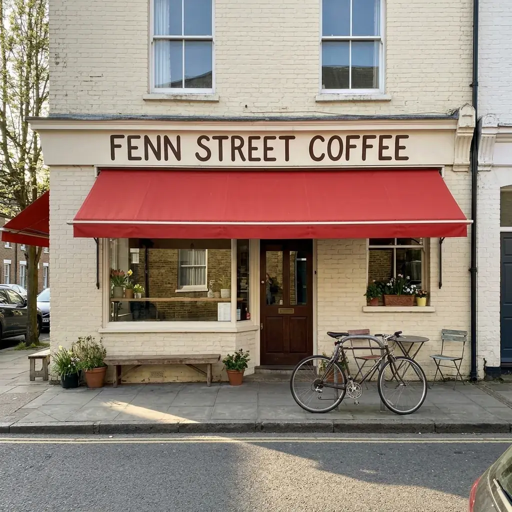 A phone photo of a cream brick corner shop with a red awning, FENN STREET COFFEE painted on the fascia, a bench, potted plants and a bicycle against the wall