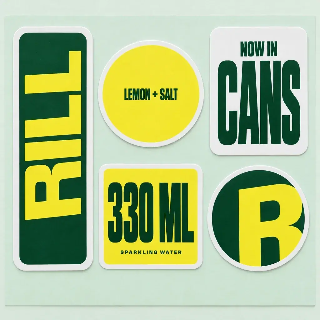 A Rill sparkling water sticker sheet in bottle green, lemon yellow and white on mint: RILL running up a can-shaped strip, a yellow LEMON + SALT circle, NOW IN CANS, 330 ML over SPARKLING WATER and a giant R cropped by its circle