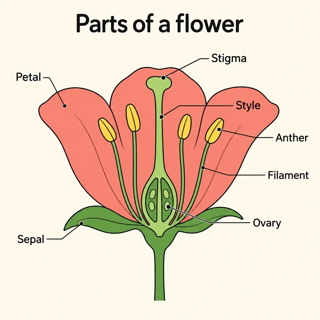 GPT Image 2.5 Sunburst: Parts of a flower, a coral flower cut in half with yellow anthers and a green carpel, all seven labels on their parts