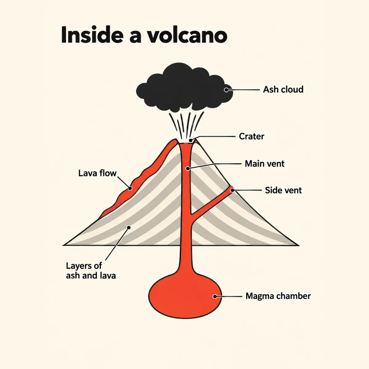 A flat cream diagram titled Inside a volcano: a striped cone with a red magma chamber, vents and lava flow under a black ash cloud, seven labels on leader lines